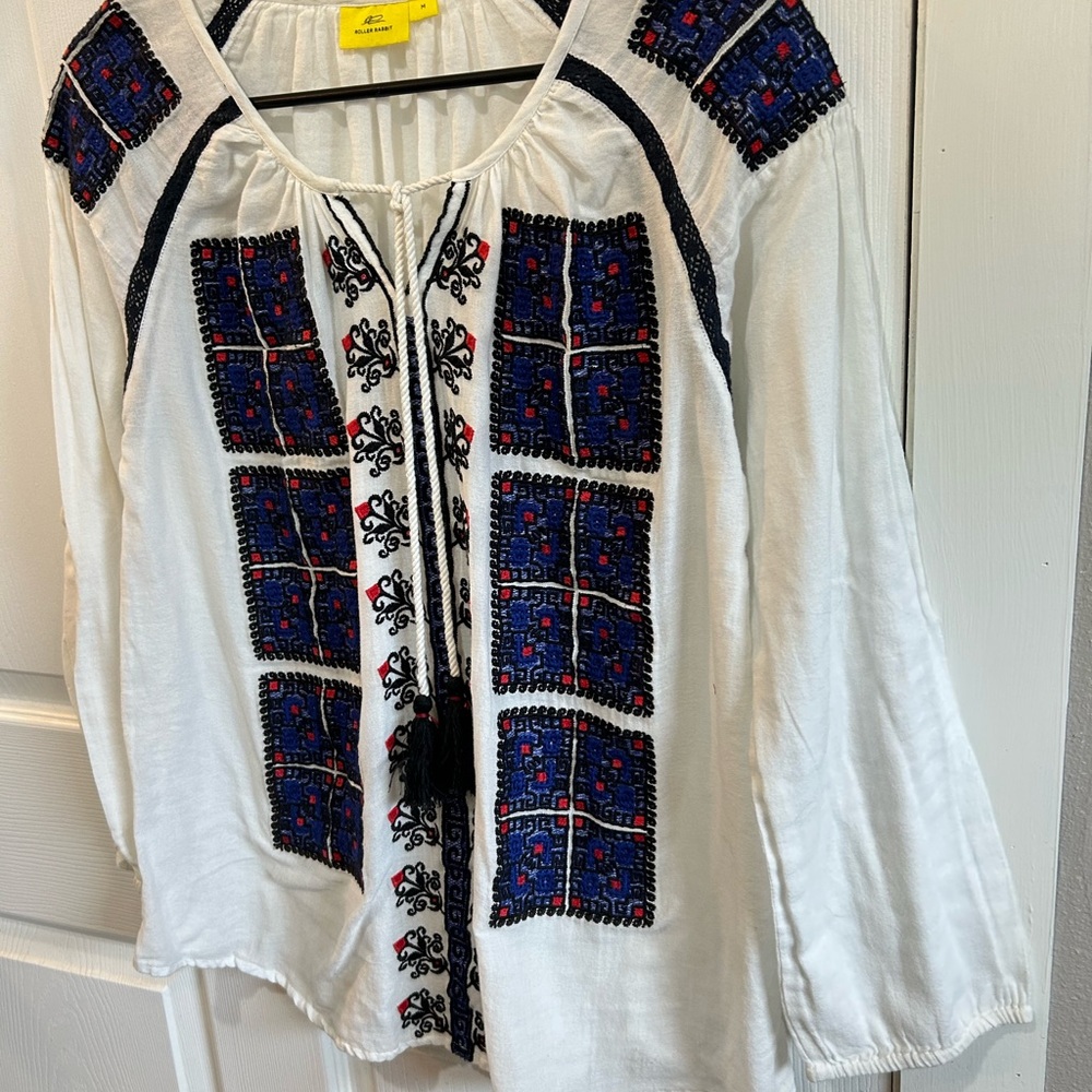 Roller Rabbit Embroidered White Blouse with Blue and Red Accents